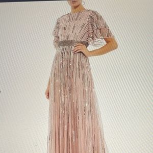 Beaded Crew Neck Short Ruffle Tiered Sleeve Gown